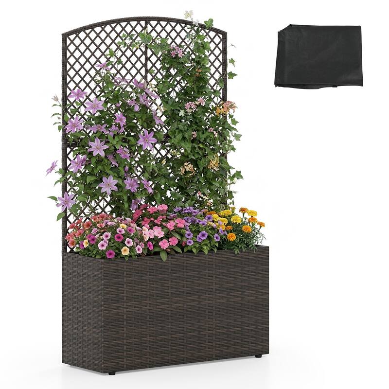Gymax 49'' Raised Garden Bed w/ Trellis Wicker Planter Box w/ Privacy - Brown