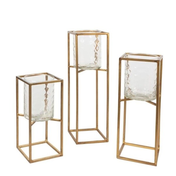 Set of 3 Gold and Clear Contemporary Glass Candle Lanterns 18 ...