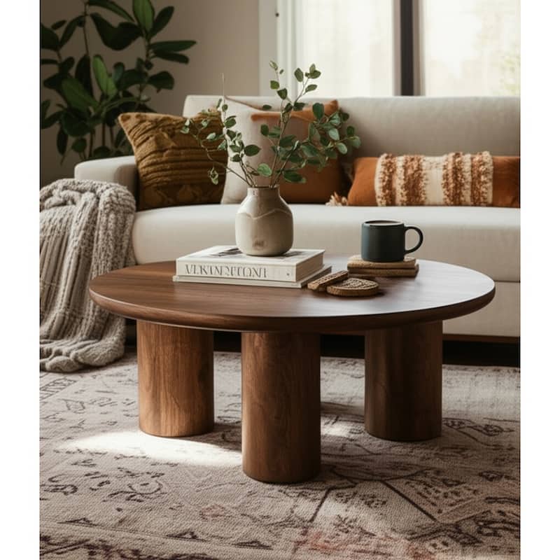 Round Natural Wood Coffee Table Modern Design Solid Cylindrical Legs