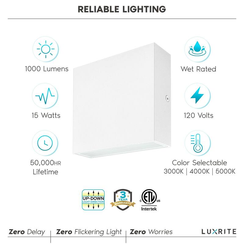 Luxrite Square LED Up and Down Wall Sconces Set of 2, Metal, 5CCT 2700K-5000K, 15W, 1000LM, IP65 Waterproof, ETL - White