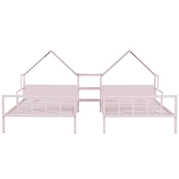 slide 2 of 27, Metal Twin Size Platform Bed with House-Shaped Headboard and Built-In Nightstand