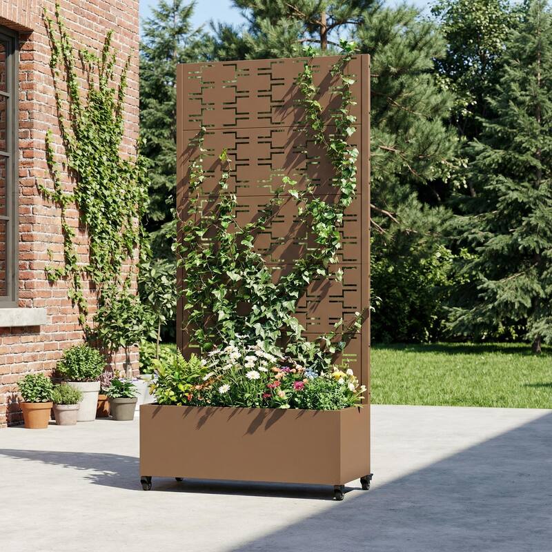 Metal Planter Box with Trellis Privacy Screen Planter Box with Lockable Wheels - Brown-Rectangle - 72"x35"