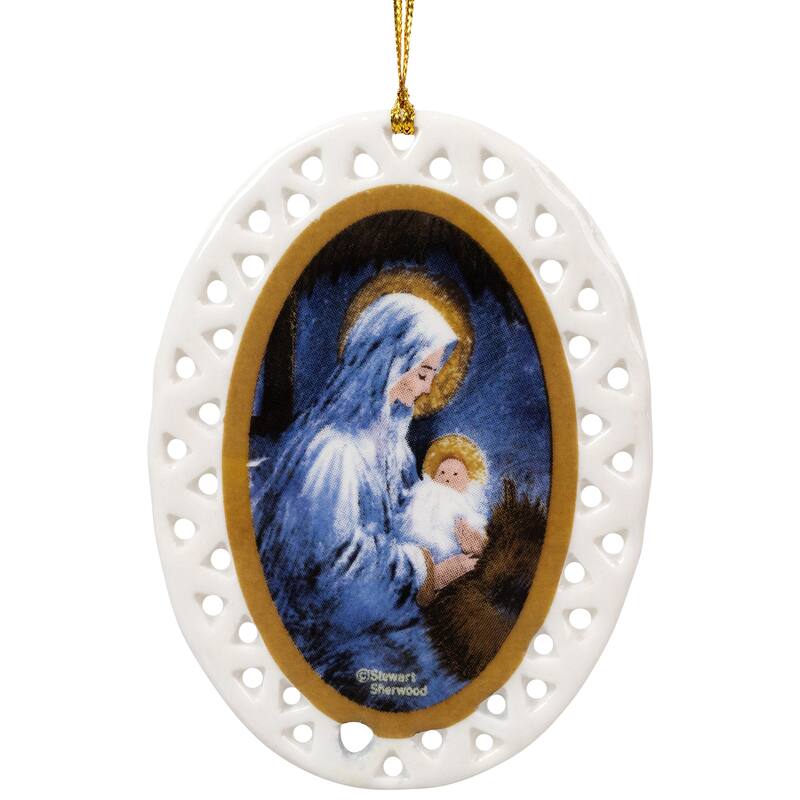 Club Pack of 192 Ivory Blue Jesus with Mary Christmas Ornaments 3.75"