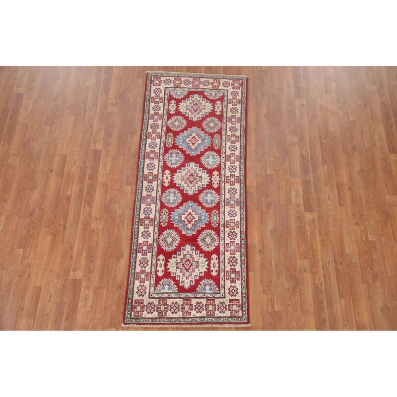 Hand Knotted Oriental 100% Wool Carpet Traditional Geometric Red Kazak Runner Rug - 6' 8'' X 2' 8''