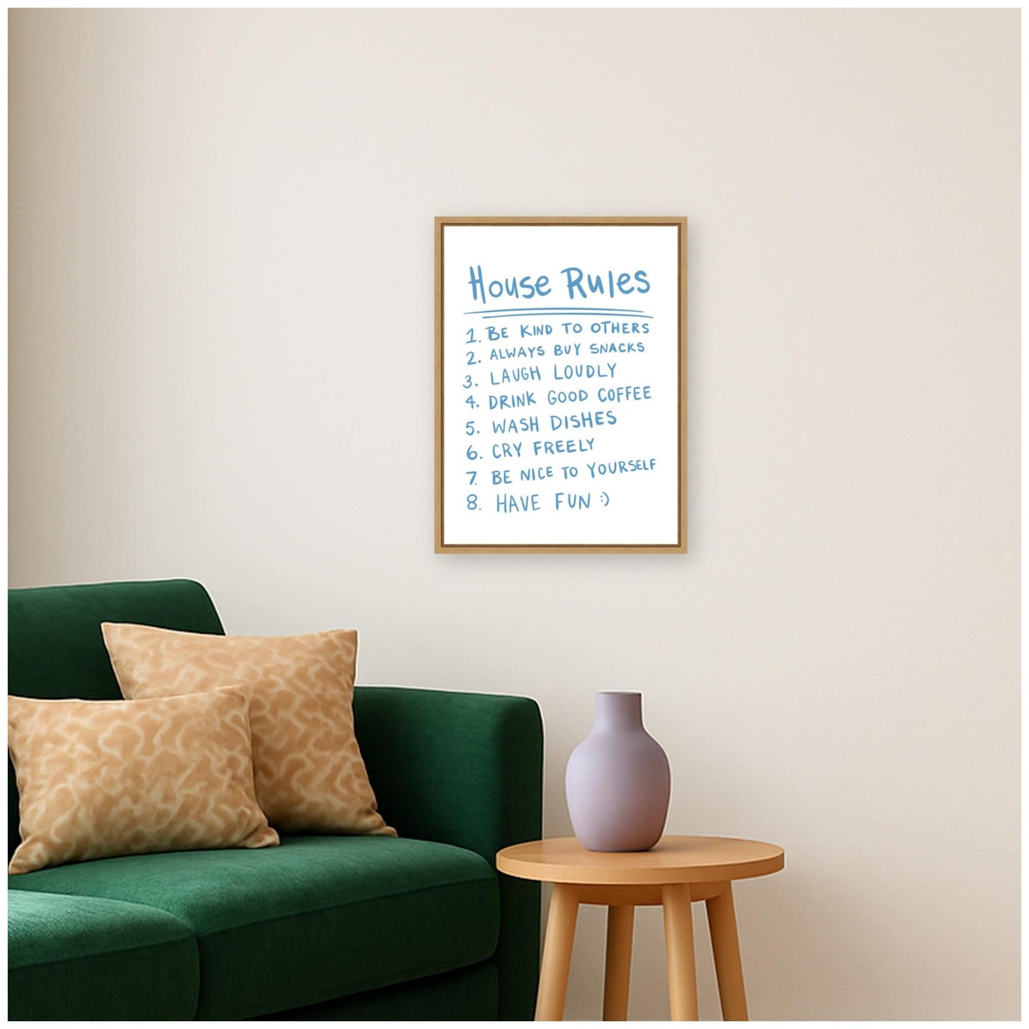 Kate and Laurel House Rules Light Blue by Megan Ryan Framed Canvas Wall Art Print