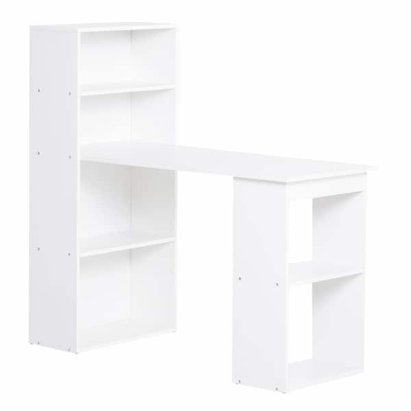 slide 2 of 9, Modern Home Office Desk with 6-Tier Storage Shelves, 47" Writing Table with Bookshelf White