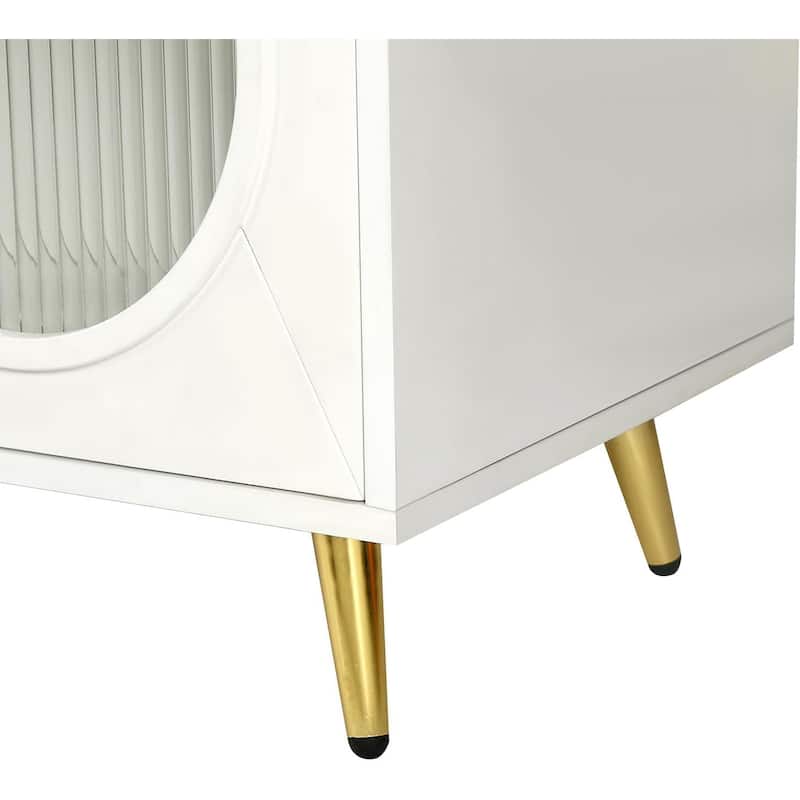HomeRoots 60" White Ribbed Texture Wood And Glass Sideboard with Four Doors - 60' X '32.3' X '15.7
