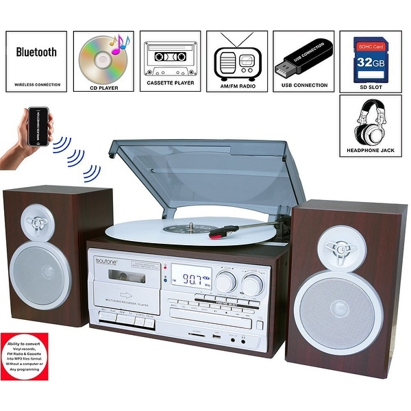 Boytone BT-28SPS, Bluetooth Classic Style Record Player Turntable with AM/FM Radio, Cassette Player, CD Player, 2 Separate Stere