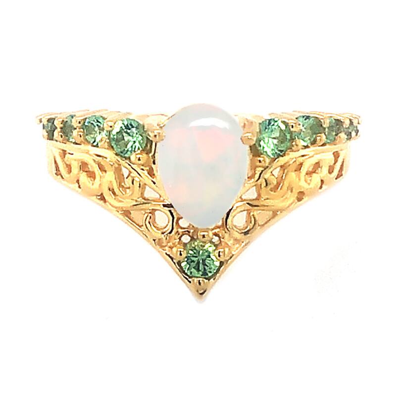 18K Yellow Gold Over Sterling Silver Ethiopian Opal, Tsavorite Chevron Ring