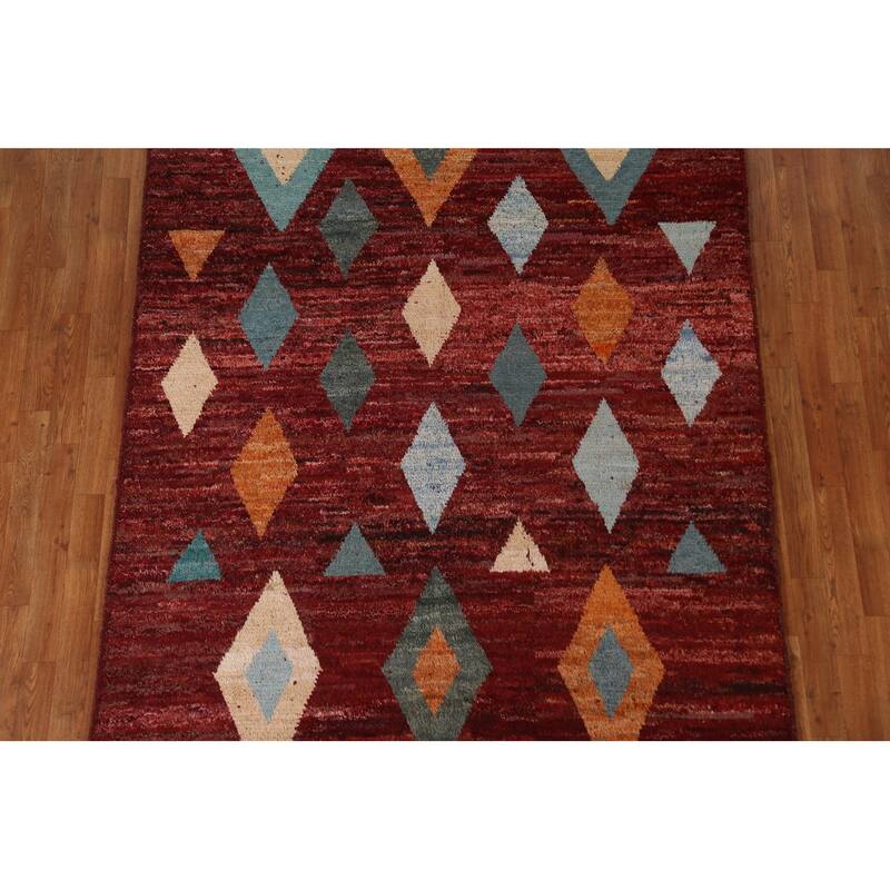 Hand Knotted Oriental 100% Wool Carpet Modern Tribal Red Moroccan Area Rug - 7' 7'' X 5' 9''