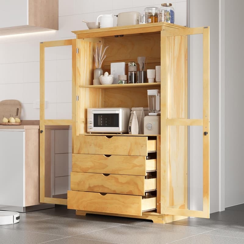 75" Tall Pine Wood Kitchen Pantry Cabinet with Glass Doors Four Drawers and Anti-Tipping Safety Features