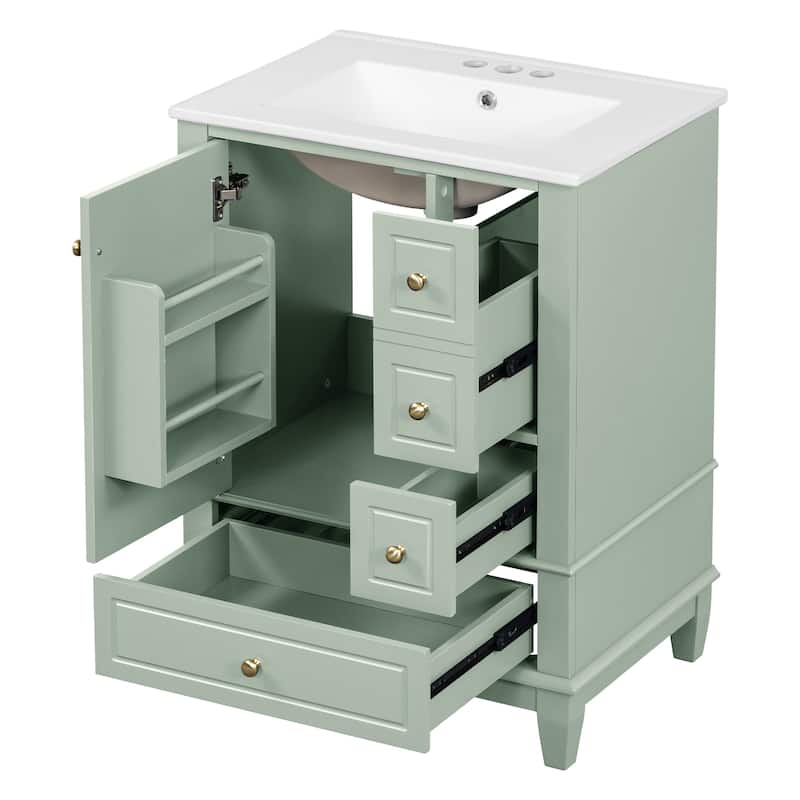 24" Freestanding Bathroom Vanity with Sink - Ceramic Top, Drawers & Shelves, MDF & Solid Wood Base, for Small Bathrooms