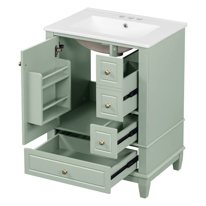 Roomfitters 24" Bathroom Vanity with Sink, Solid Wood Frame, 3 Drawers & Side Cabinet with Door Racks