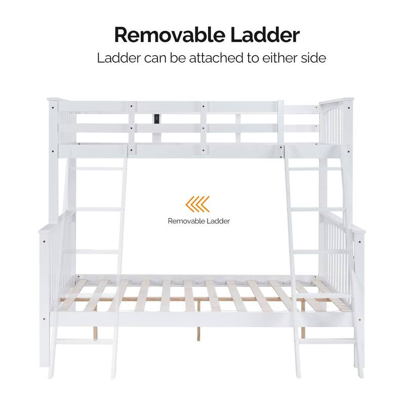 White Twin Over Full Size Bunk Bed with Guardrail, LED Light, Charging Station