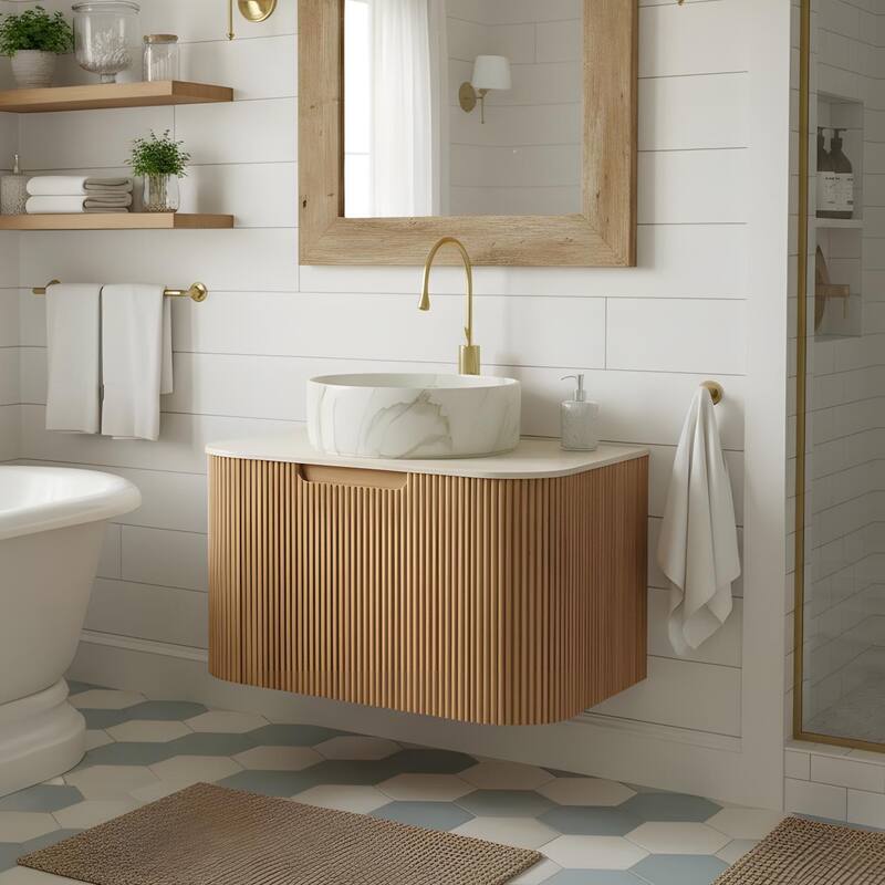 Floating Bathroom with Round Ceramic Basin and Storage Drawer