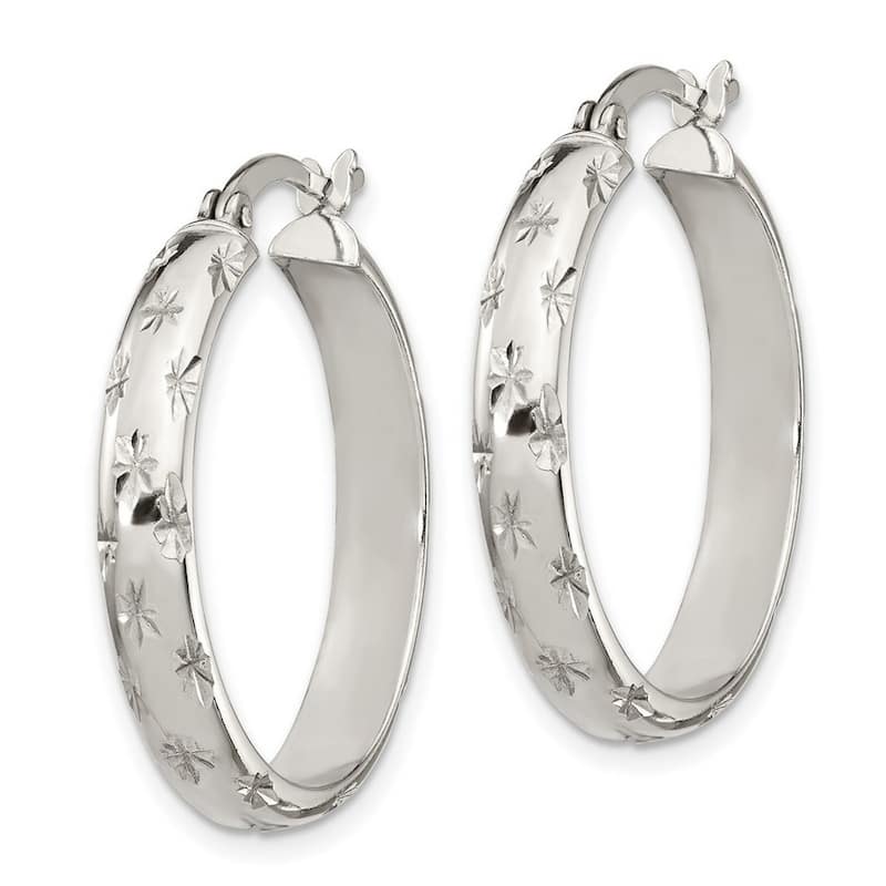 Curata 925 Sterling Silver 6mm Diamond-cut Bangle Bracelet and 4mm Hoop Earrings Set