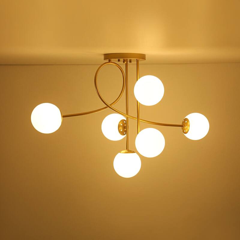 Modern 6-Light Milky Glass Globe Sputnik Semi Flush Mount