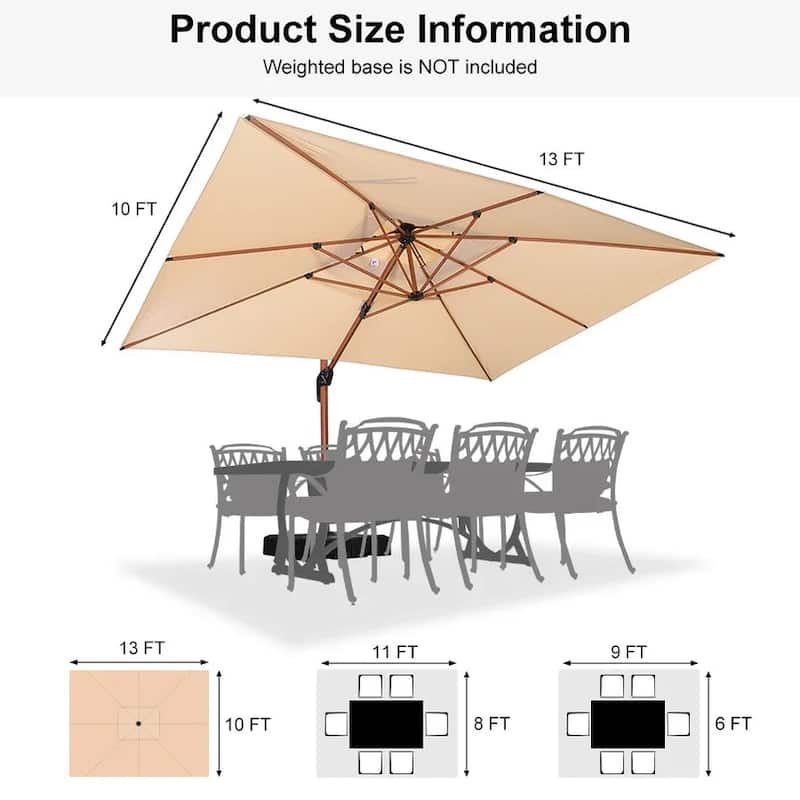 PURPLE LEAF 10 x 13ft Double Top Deluxe Wood Pattern Rectangle Patio Cantilever Umbrella with Base outdoor