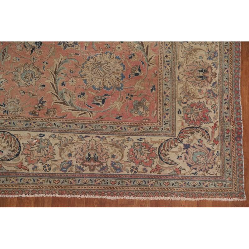 Hand Knotted Oriental 100% Wool Carpet Traditional All-Over Coral Tabriz Area Rug - 12' 6'' X 9' 2''