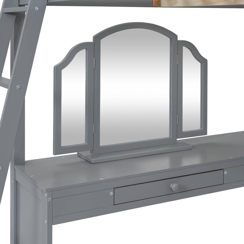 Full Size Pinewood Loft Bed with U-shaped Desk, Storage Compartments, and Tri-fold Mirror
