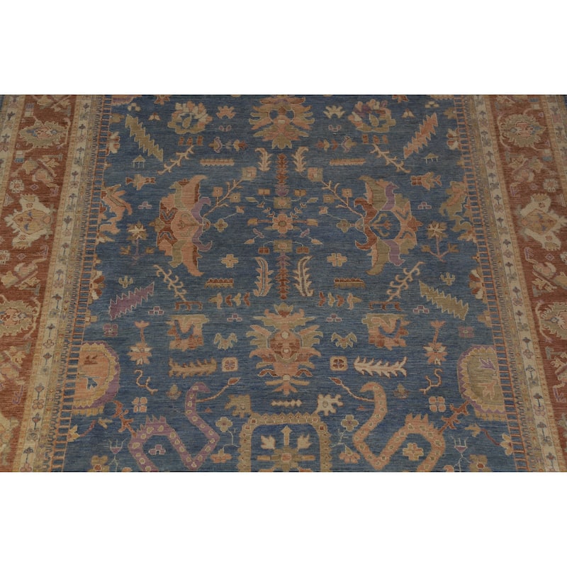 Hand Knotted Oriental 100% Wool Carpet Transitional All-Over Navy Blue & Blues Oushak Area Rug - 13' 11'' X 9' 9''
