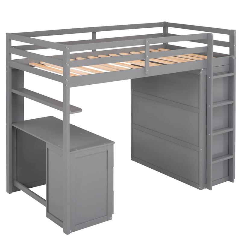 Multi-functional Pine Loft Bed with Desk, Wardrobe, Drawers, Shelves