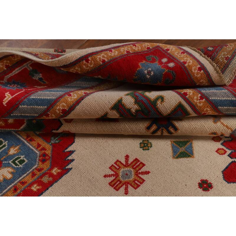 Geometric Beige / Ivory Kazak Area Rug Handmade Wool Carpet - 6'7" x 9'7"