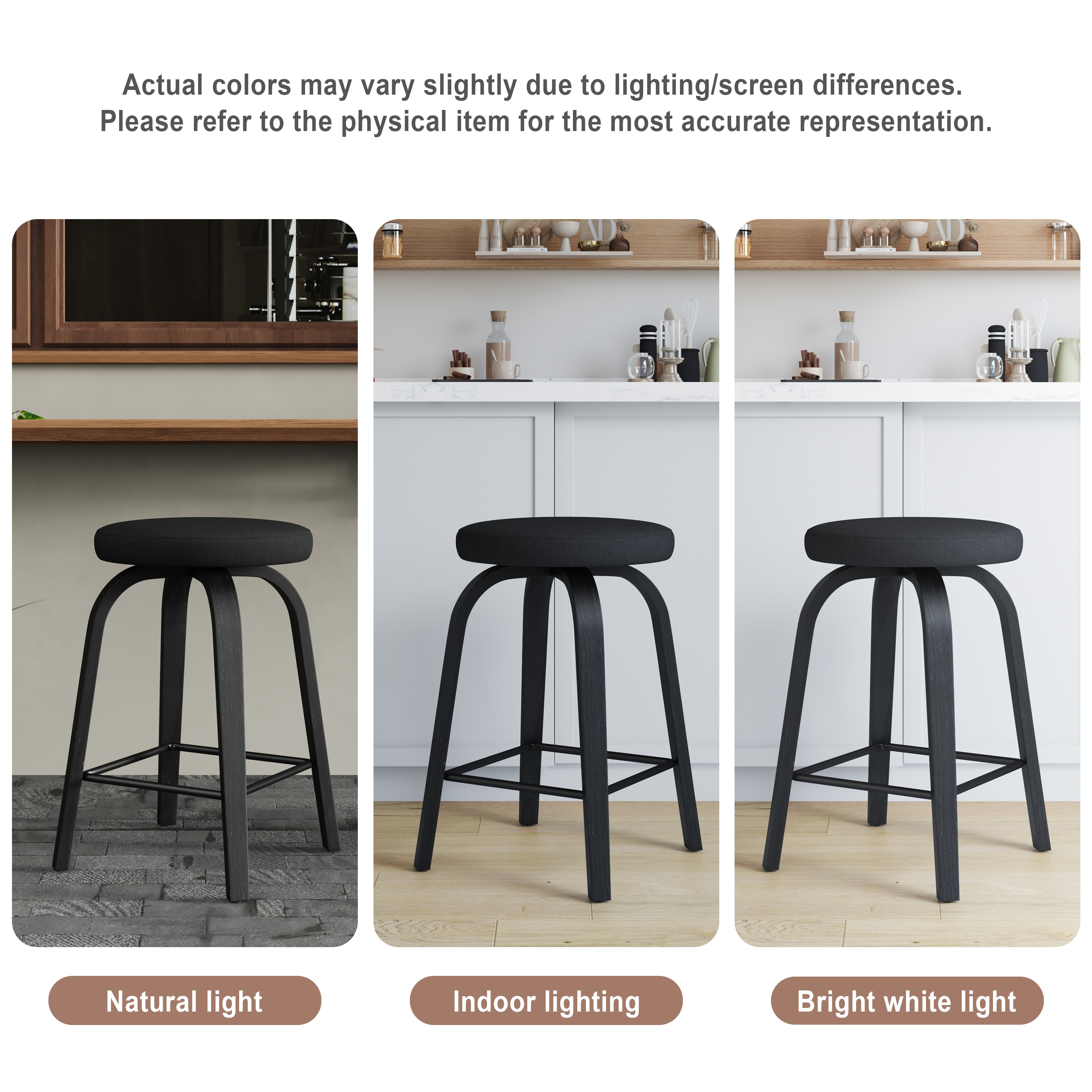 Swivel Bar Stools Set of 2, Counter Height Backless 26″Bar Stools, Fabric Upholstered Seat, Sturdy Wood Legs and Metal Footrest