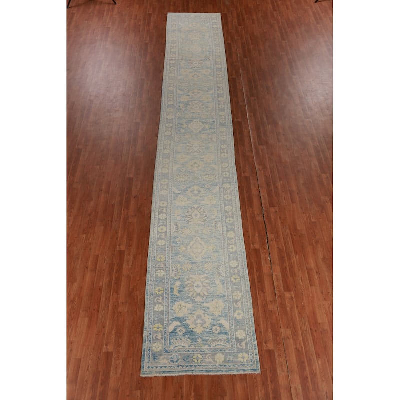 Hand Knotted Oriental 100% Wool Carpet Transitional Floral Navy Blue & Blues Oushak Runner Rug - 20' 2'' X 3' 1''