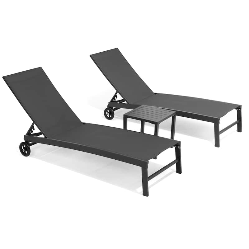 Outdoor Wheel Adjustable Chaise Lounge Chairs 5 Reclinig Position Aluminum Sun Lounger - 3-piece set, Black