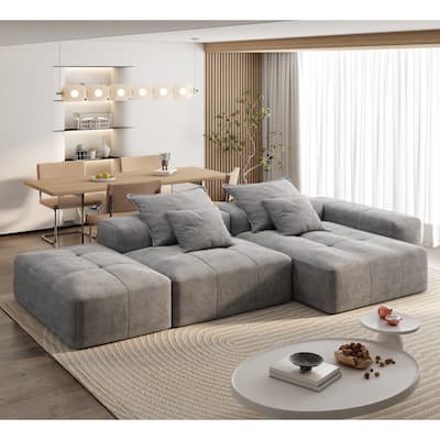 Oversized Floor Sectional Sofa with Ottoman & Chaise Lounge, Chenille Fabric Modular Couch with 4 Pillows for Living Room