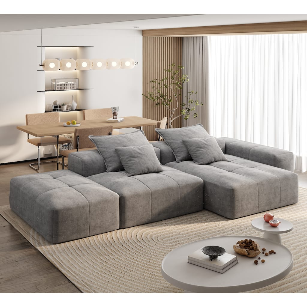 Oversized Floor Sectional Sofa with Ottoman & Chaise Lounge, Chenille Fabric Modular Couch with 4 Pillows for Living Room