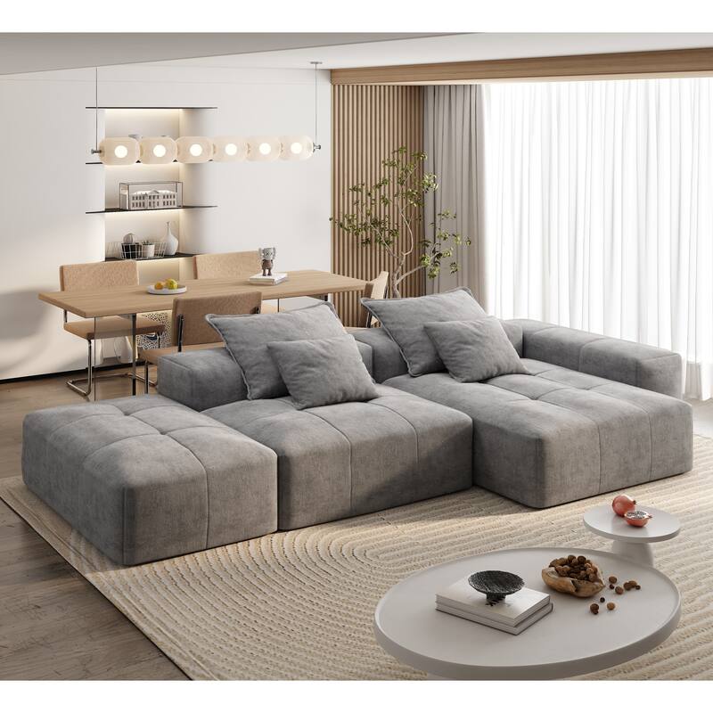 Oversized Modular Chenille Sectional Sofa with Ottoman, Chaise Lounge, 1 Armrest and 4 Pillows for Living Room - Grey