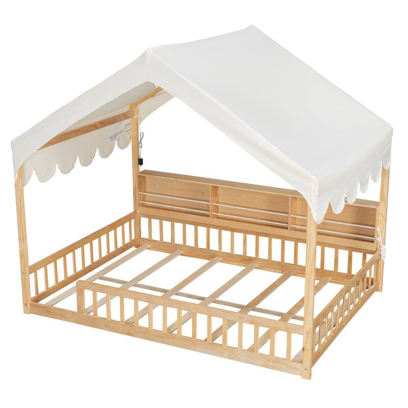 GDFStudio - Solid Wood Full Size House Floor Bed with Storage Shelves and LED