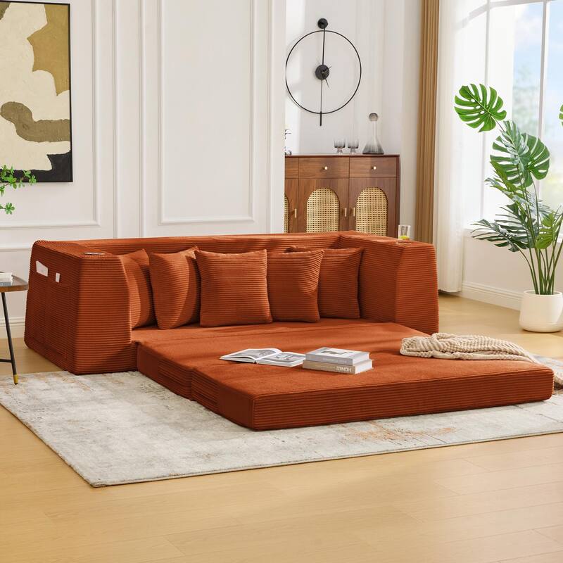 2 in 1 Convertible Sofa Bed, Sleeper Sofa with Storage Pockets, Pull Out Loveseat Couch with Two Cup Holders