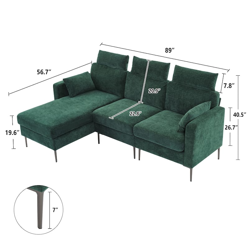 89" Chenille Sectional Sofa Couch With Extra Wide Chaise For Livingroom