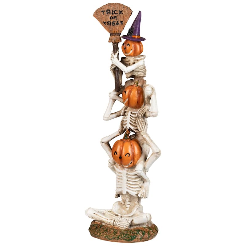 Trio of Stacked Trick or Treat Jack-O-Lantern Skeletons Halloween Decoration - 12.25"