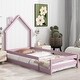preview thumbnail 7 of 28, Twin Size Wood Bed Frame with House-shaped Headboard Floor bed with Fences Pink