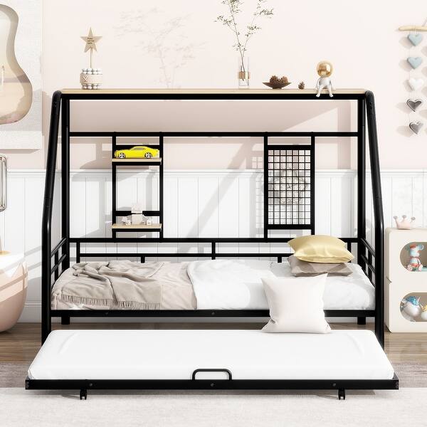 slide 2 of 54, Metal House Bed with Trundle, Built-in Shelf and Grid Black - Twin