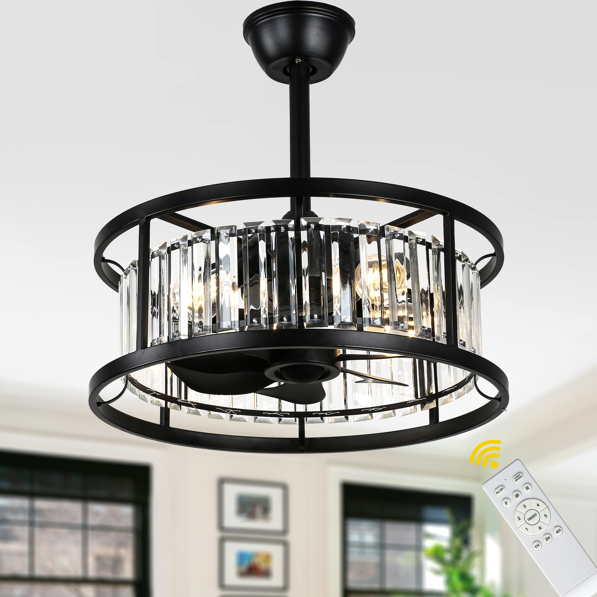 Bella Depot 20" Modern Caged Ceiling Fan with Light and Remote 6-Speed DC Motor Crystal Ceiling Fan for Bedroom
