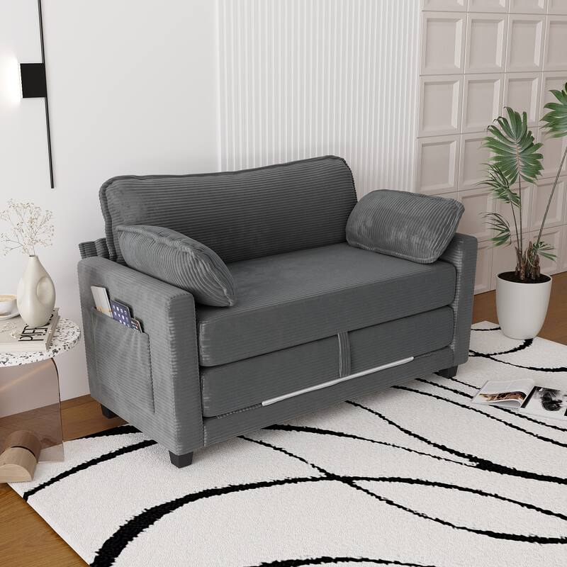 2-in-1 Convertible Corduroy Sofa Bed with Storage, High-Rebound Sponge & Solid Wood Frame