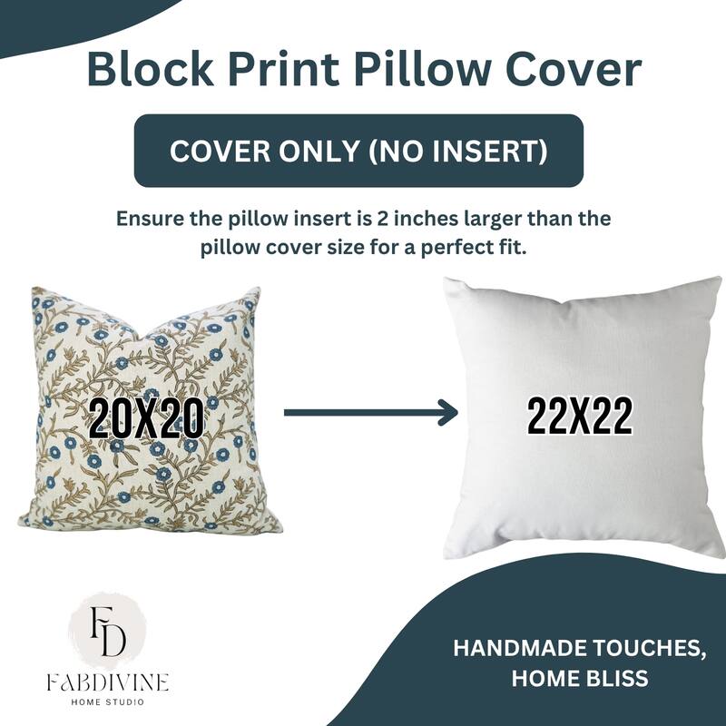 Fabdivine Handmade 16x16 Inch Flower Pillow Cover for Boho Bed or Sofa Square Blue Linen Fall Décor Cushioncase, Shehjan
