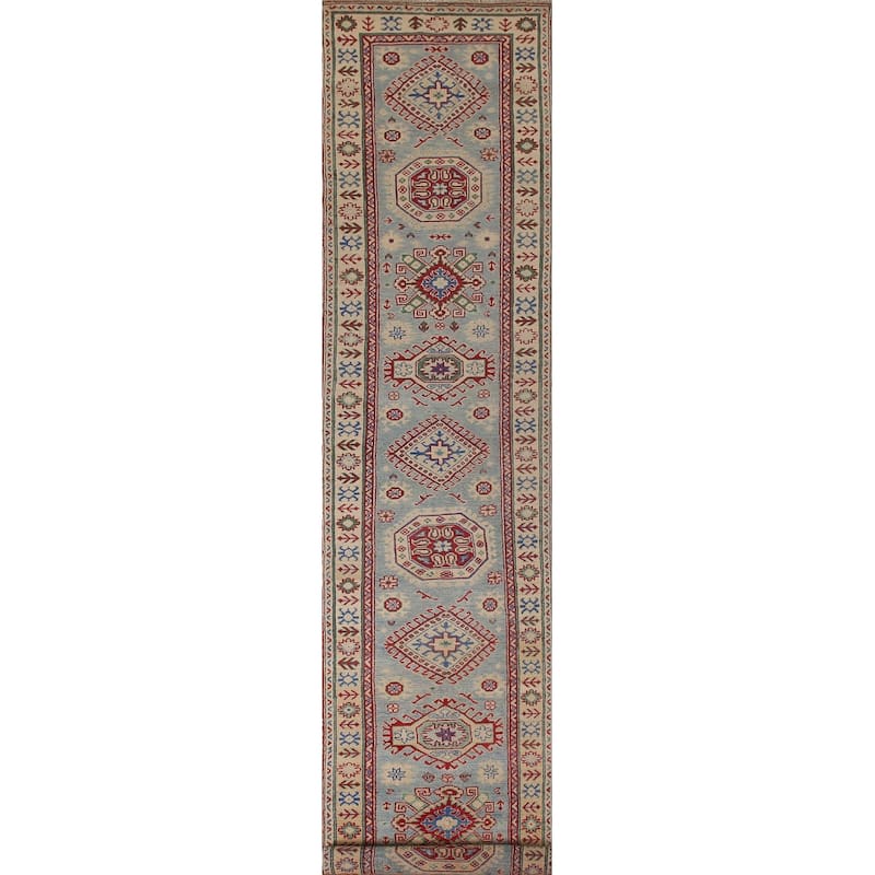 Light Blue Kazak Runner Rug Hand-Knotted Wool Carpet - 2'7" x 15'9"