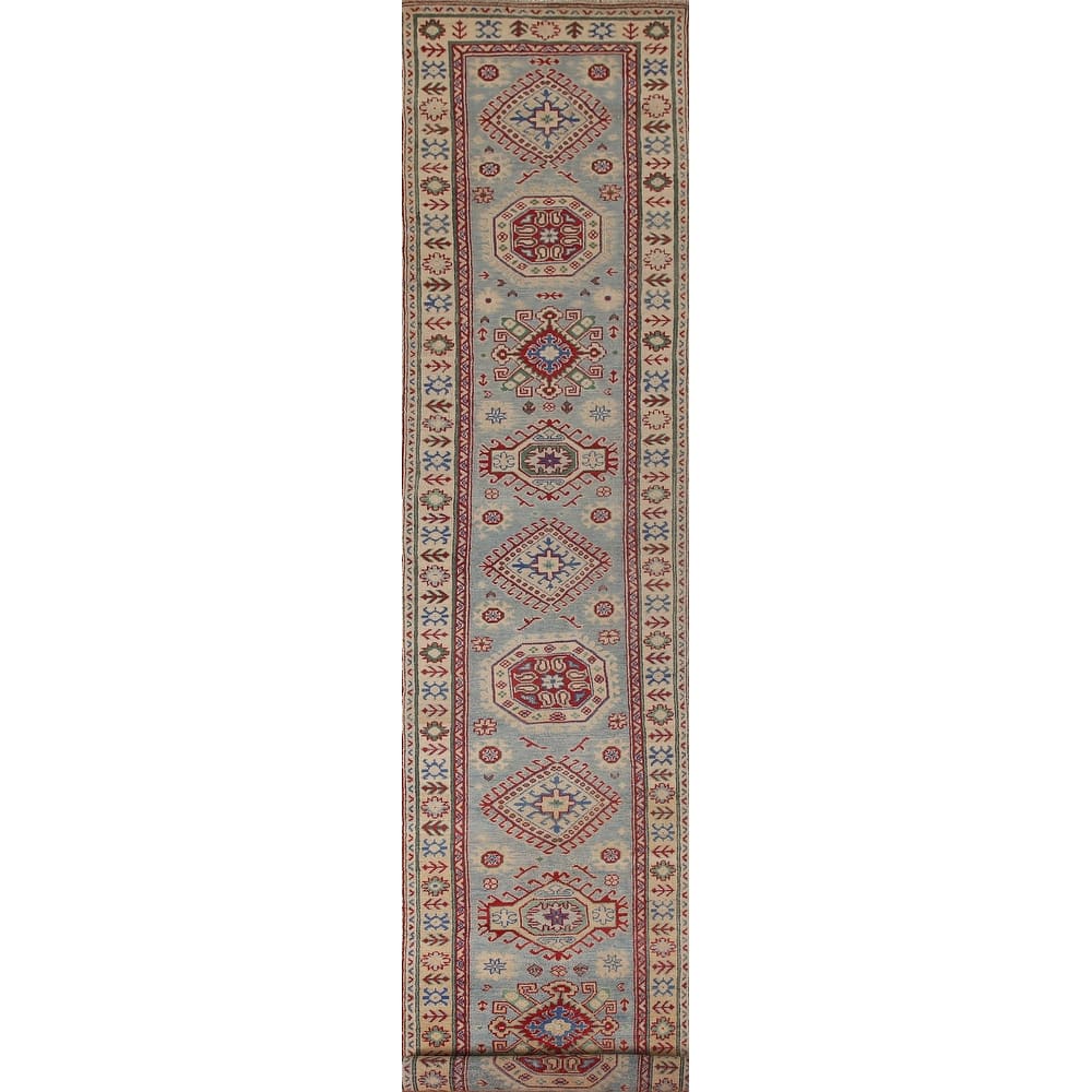 Light Blue Kazak Runner Rug Hand-Knotted Wool Carpet - 2'7" x 15'9"