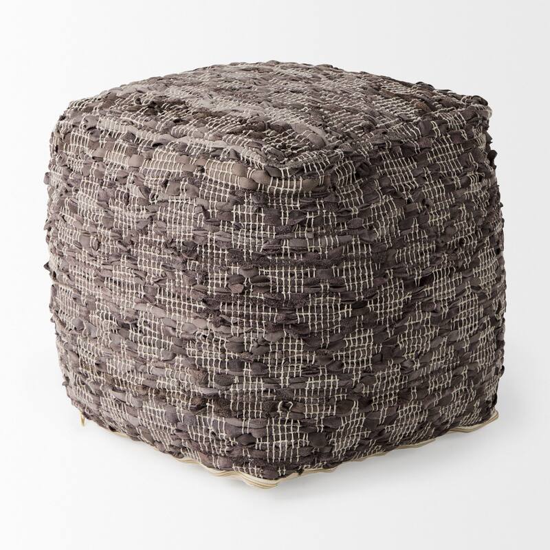 Mercana "Falguni" Grey Patterned Leather & Cotton Square Pouf