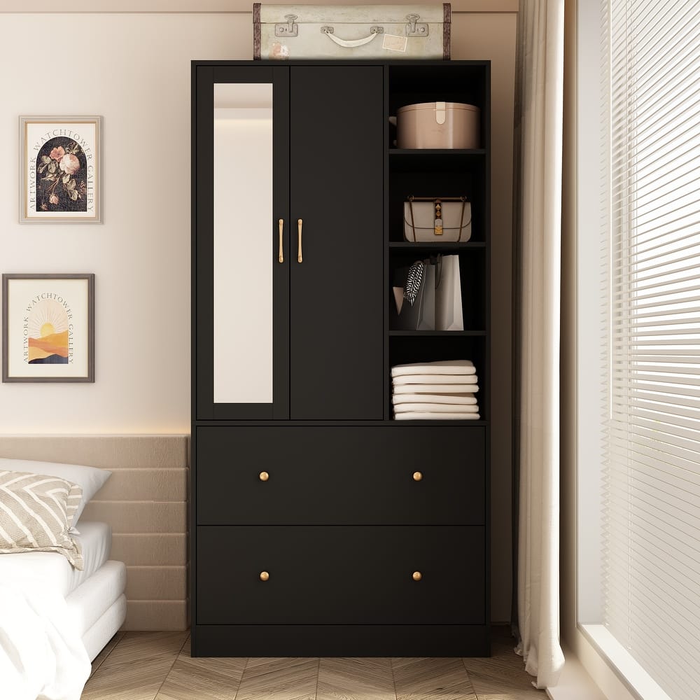 Wardrobe Closet Armoire with Mirror Scalable Hanging Rod Cabinet