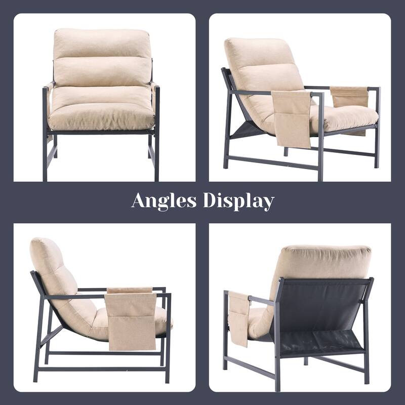 Upholstered Sling Accent Chair Modern Style, Cozy Armchair With Metal Frame And Storage Pocket