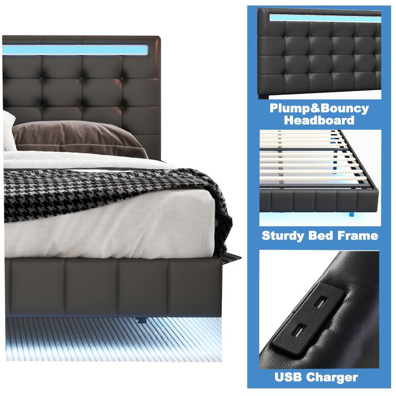 Black Upholstered Queen Size Floating Bed Frame with LED Lights and USB Charging, Modern MDF+Plywood Platform Bed