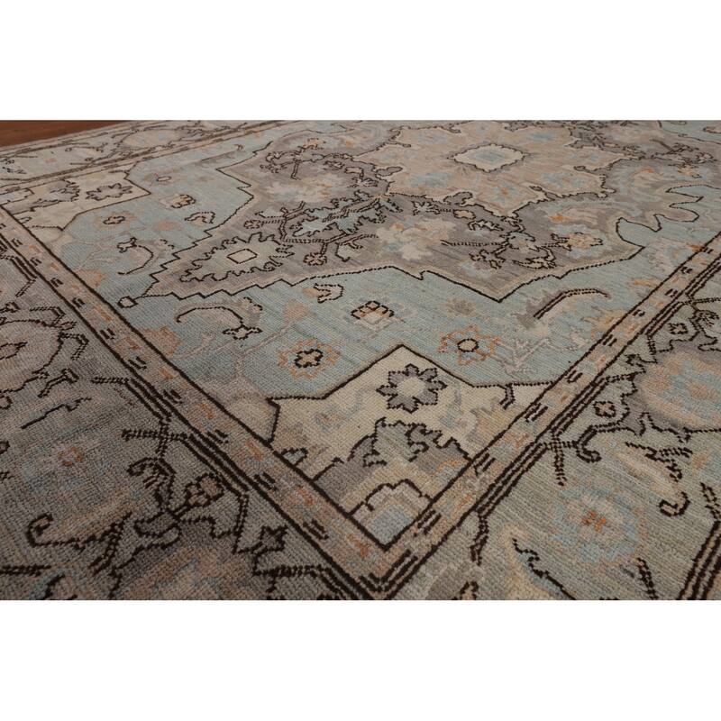 Vegetable Dye Oushak Turkish Rug Blue Hand-Knotted Wool Carpet - 6'1"x 9'0"