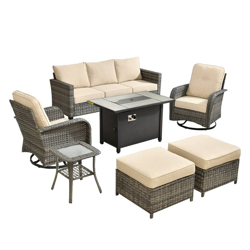 OVIOS 7-piece Patio Wicker Swivel Rocking Chair Set With Fire Pit